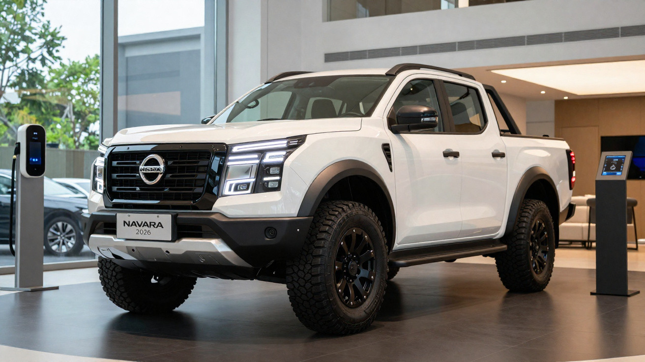 Picape branca Nissan Navara 2026 em exposição em ambiente interno moderno e iluminado.