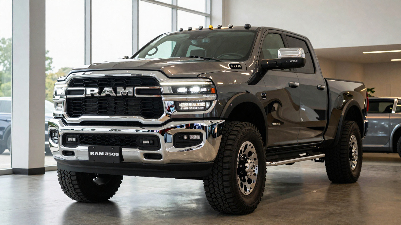 Picape preta Ram 3500 exibida em showroom com detalhes cromados e faróis acesos.