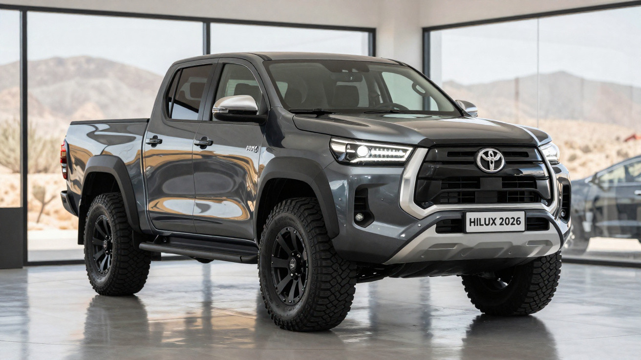 Picape Toyota Hilux 2026 cinza metálico em showroom com janelas grandes ao fundo.