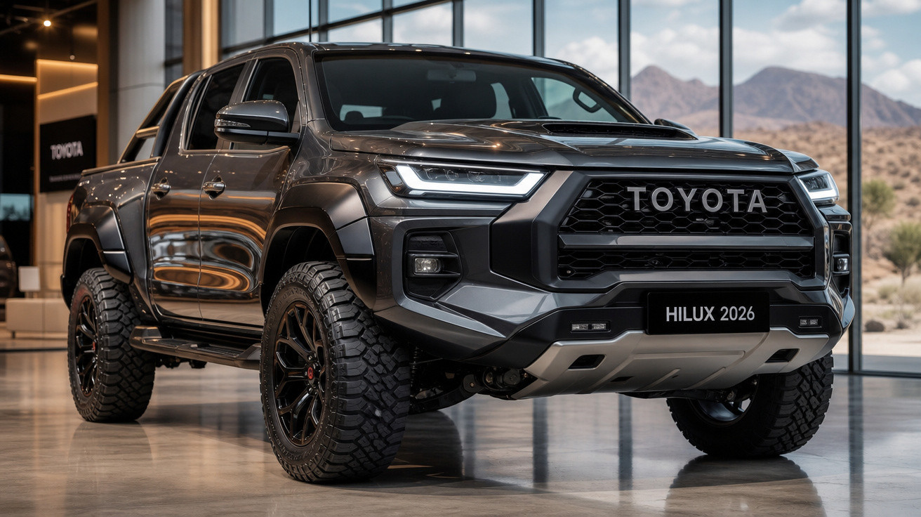 Picape Toyota Hilux 2026 preta estacionada em showroom com pneus off-road e design robusto.