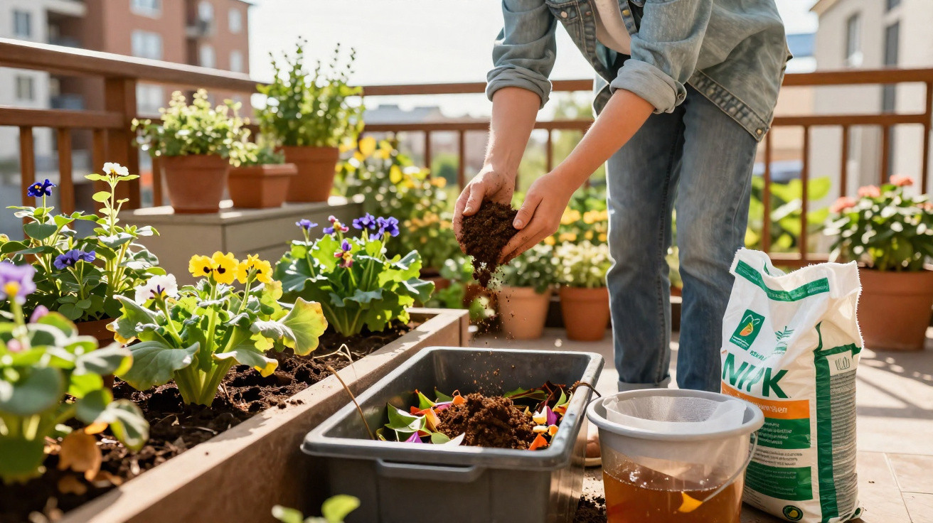 Pessoa colocando terra em uma jardineira com flores coloridas em varanda ensolarada urbana.