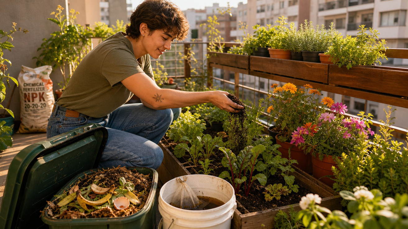Pessoa regando e cuidando de plantas em horta urbana na varanda de apartamento ao entardecer.