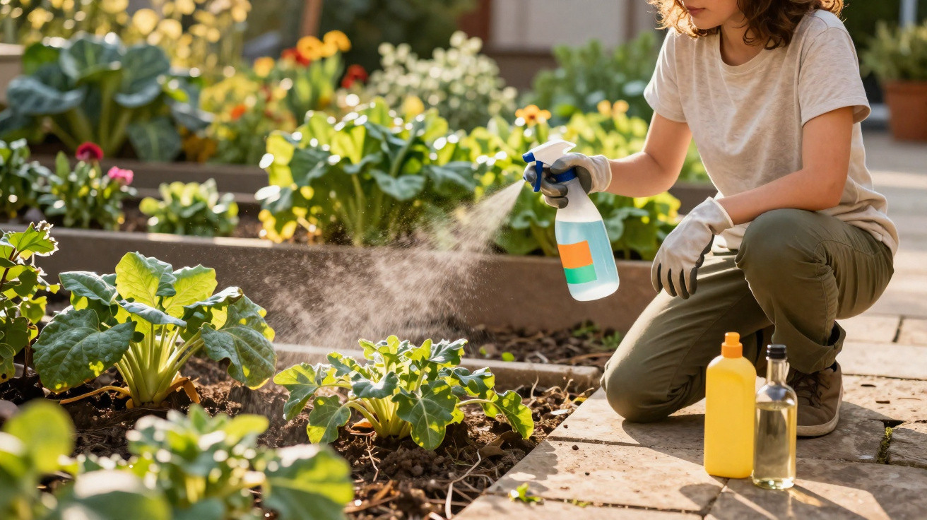 Pessoa pulverizando plantas em um jardim com luvas e frascos de produtos ao lado.