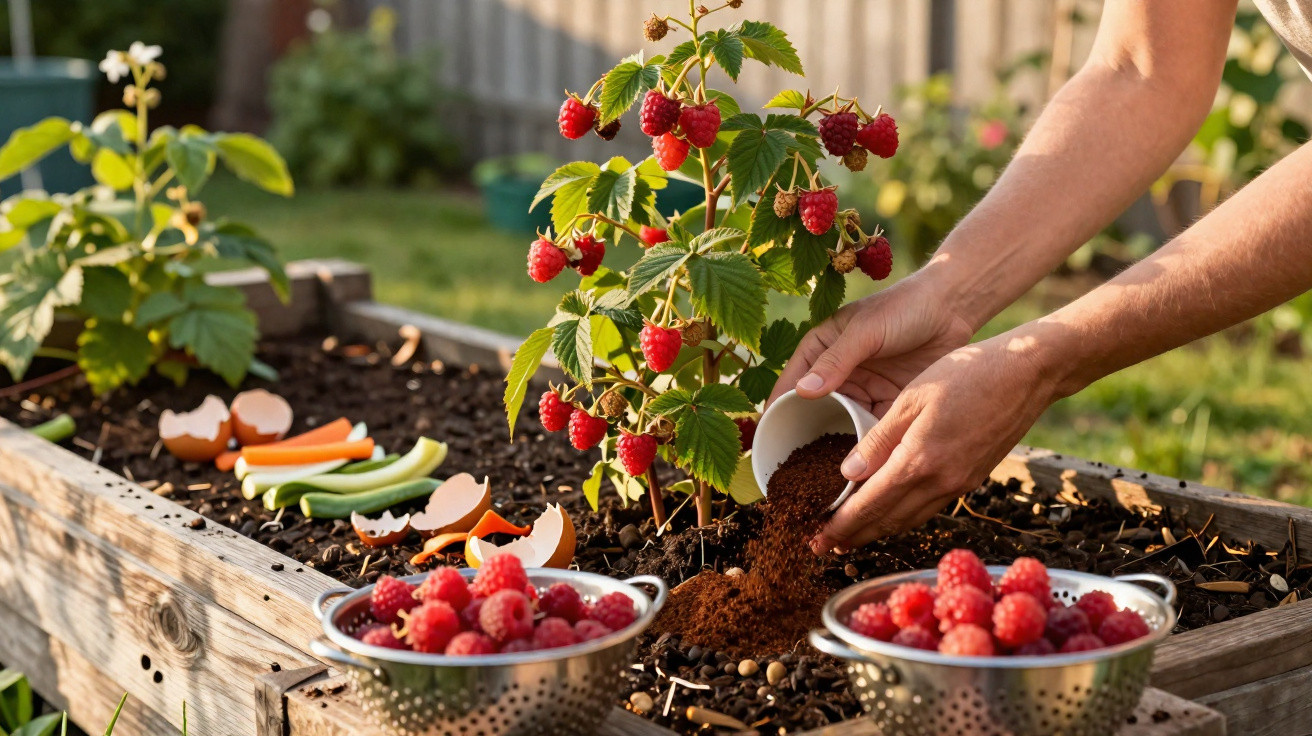 Pessoa adiciona terra ao redor de planta de framboesa com frutas vermelhas em jardim elevado.