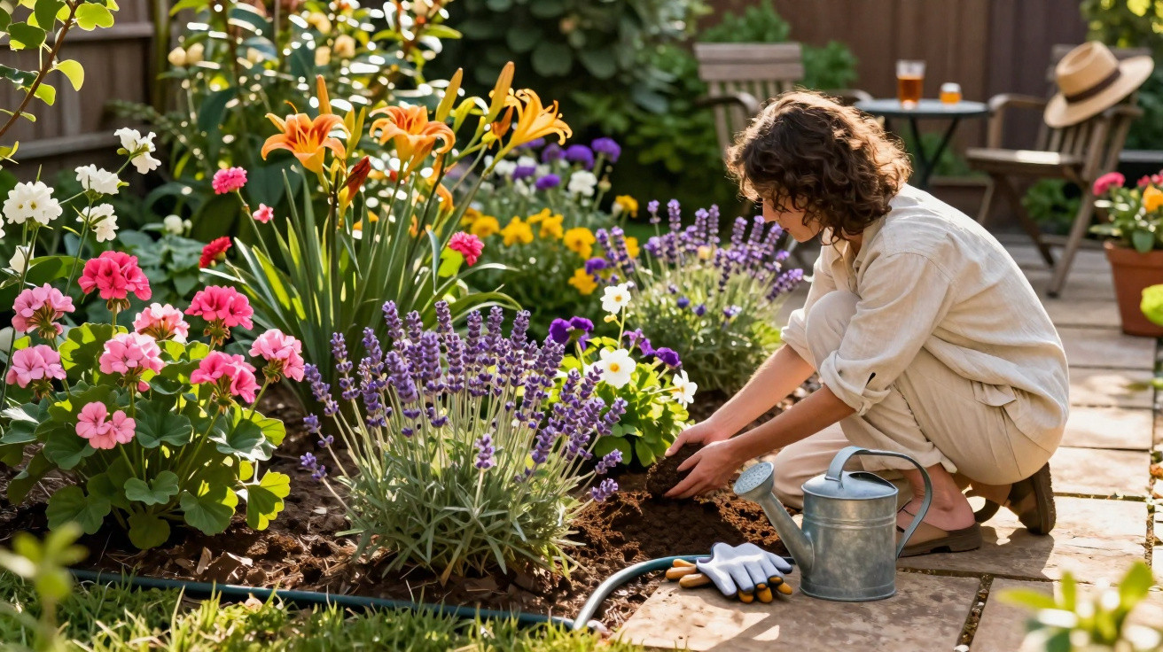 Mulher cuidando de flores em jardim com regador, luvas e plantas coloridas ao redor.