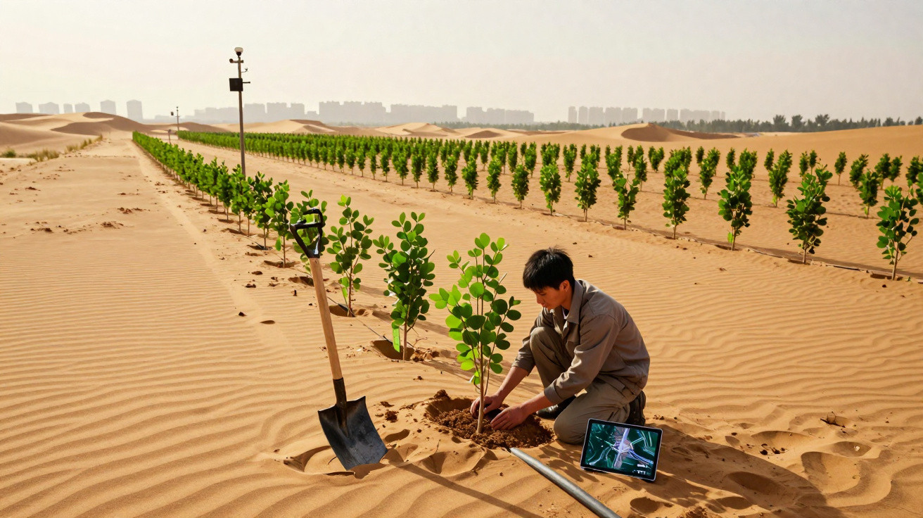 Homem planta árvore em linha no deserto com enxada e tablet ao lado, árvores jovens e cidade ao fundo.