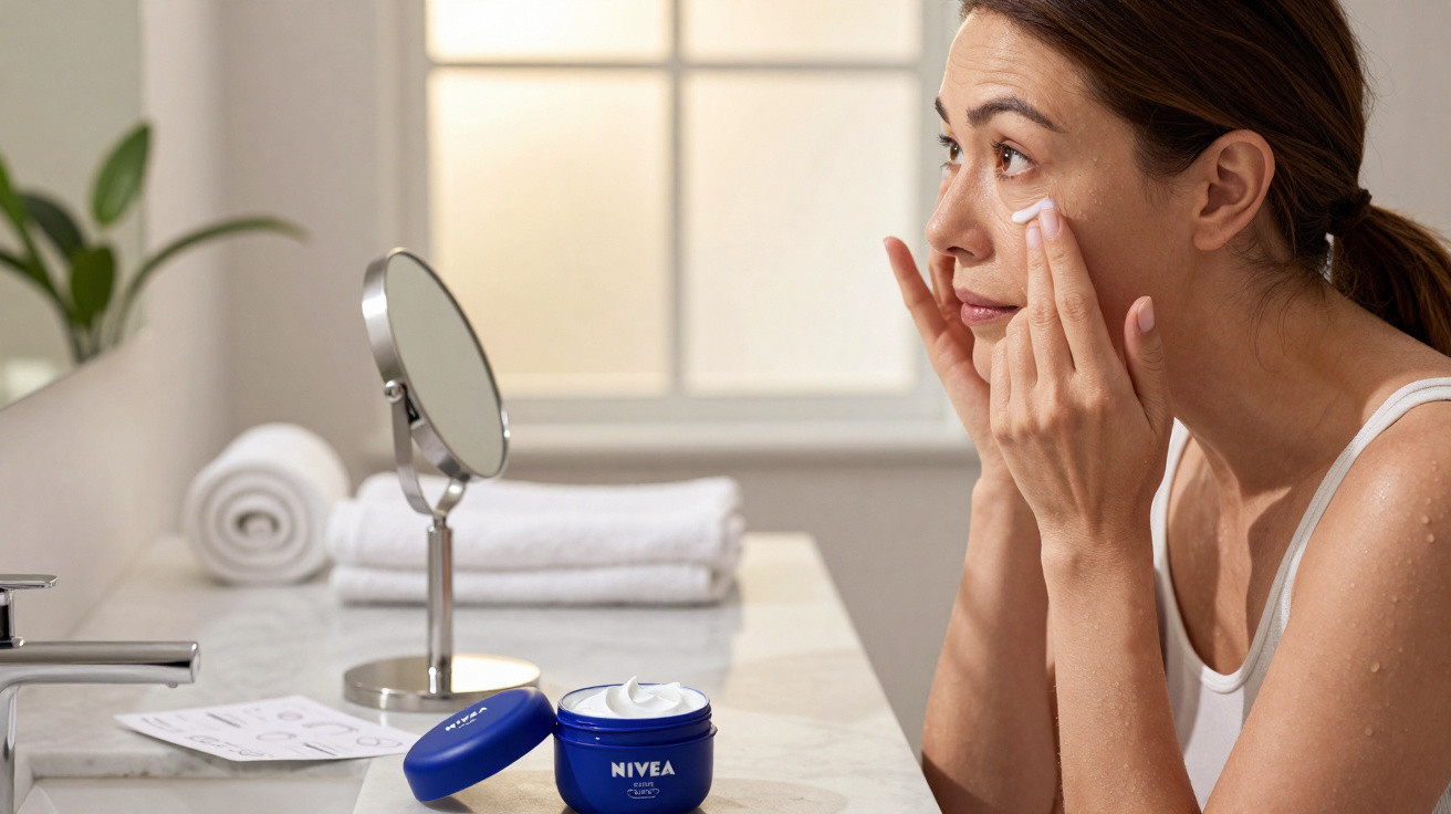 Mulher aplicando creme facial Nivea no rosto em banheiro com espelho e toalhas ao fundo.
