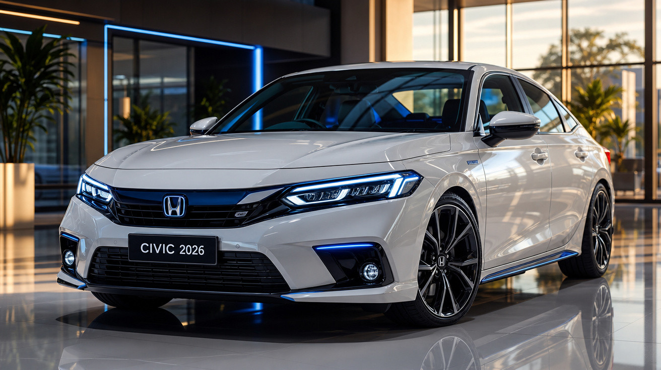 Carro Honda Civic 2026 branco, esportivo, com iluminação LED, em salão moderno e iluminado.