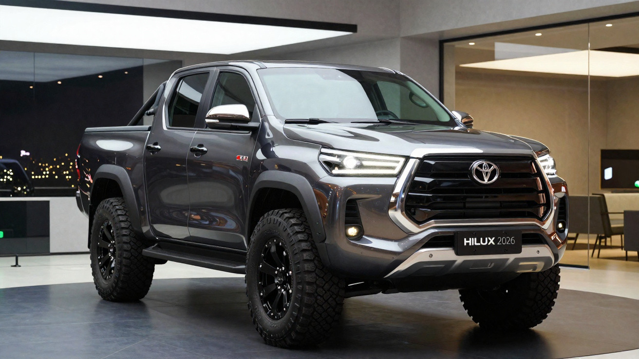 Pickup Toyota Hilux 2026 cinza com design robusto e pneus off-road em ambiente interno moderno.