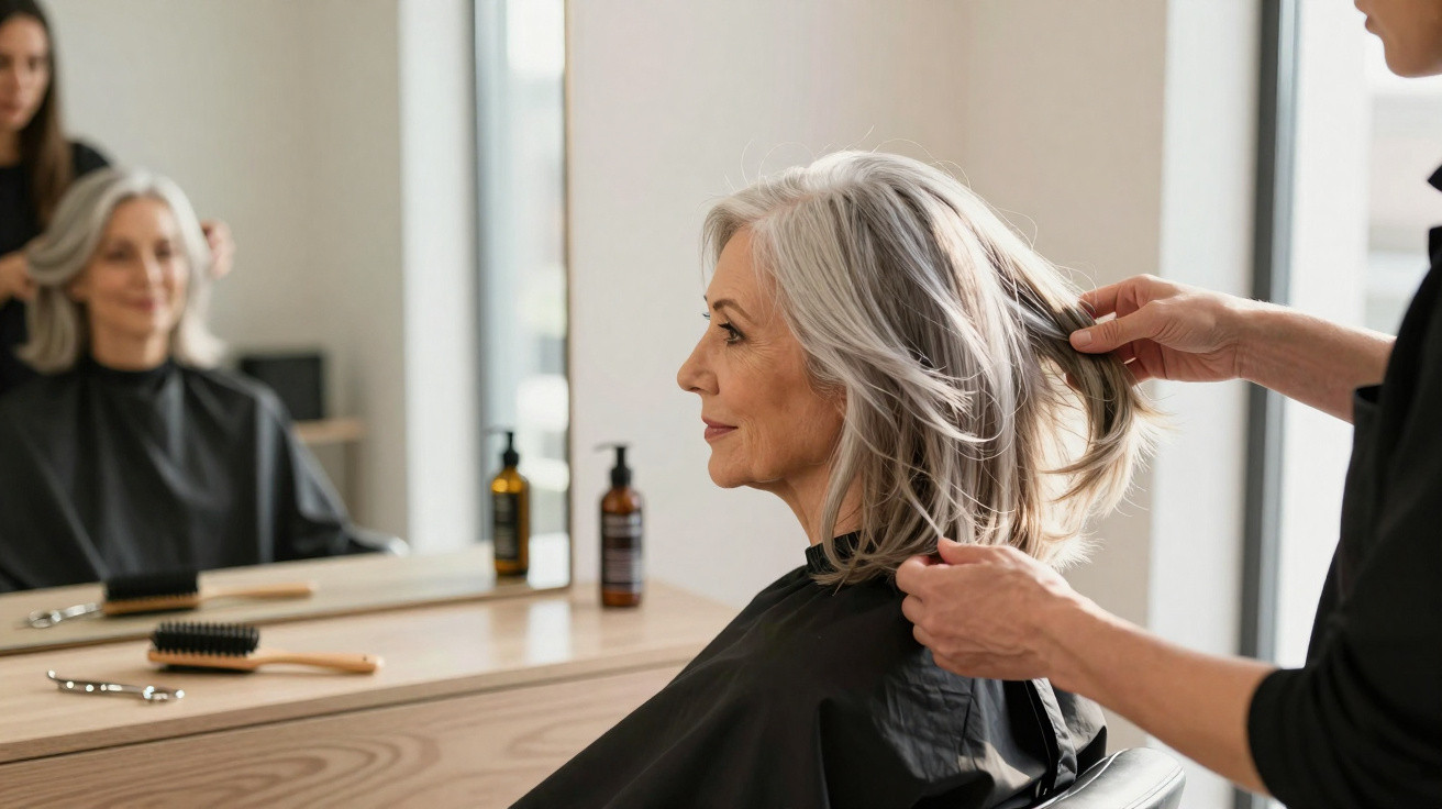 Mulher idosa com cabelo grisalho sendo cuidada por cabeleireiro em salão de beleza moderno.