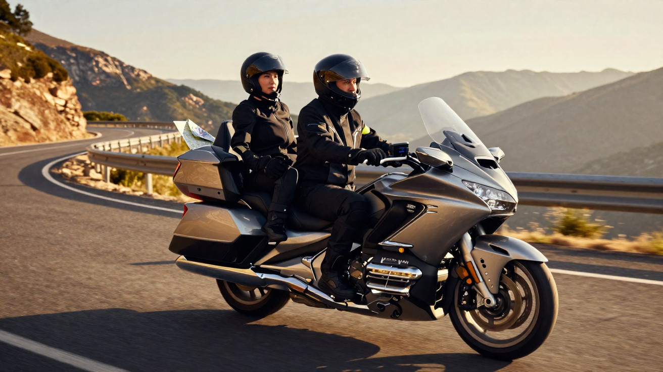Duas pessoas de capacete e roupas pretas pilotando motocicleta em estrada com montanhas ao fundo.