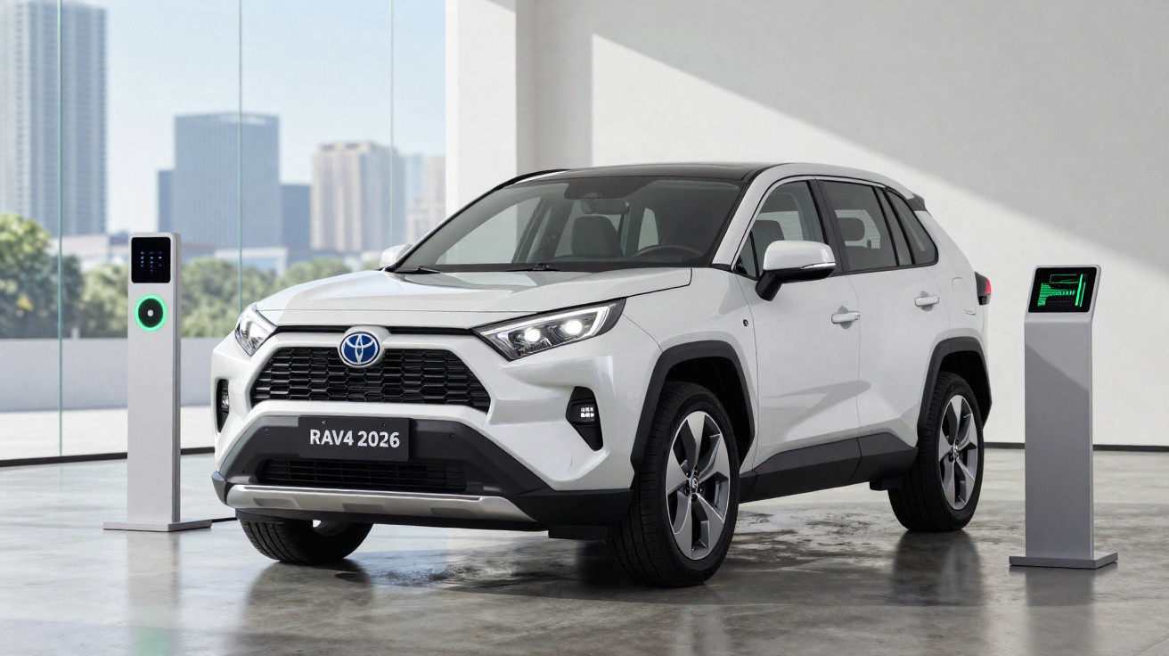 Carro Toyota RAV4 2026 branco estacionado em ambiente moderno com estações de carregamento elétrico.