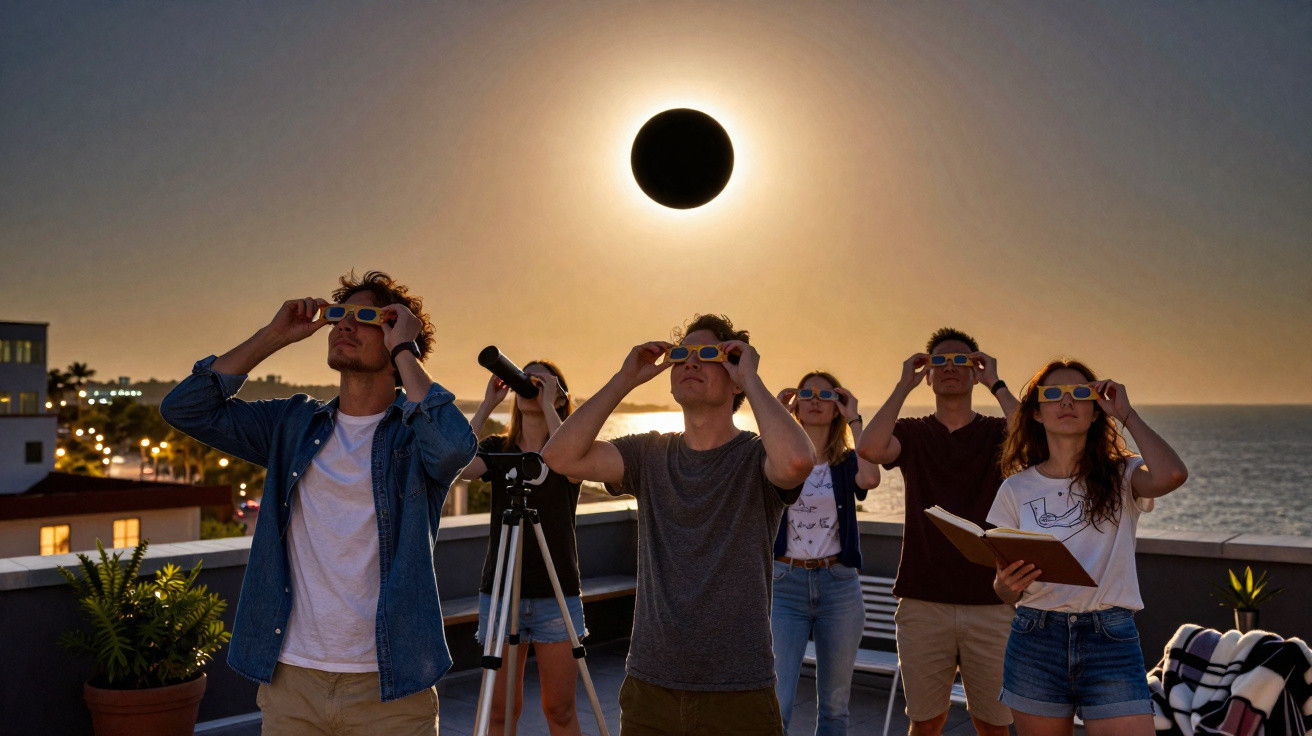 Grupo de pessoas observando eclipse solar com óculos especiais em um terraço ao pôr do sol.