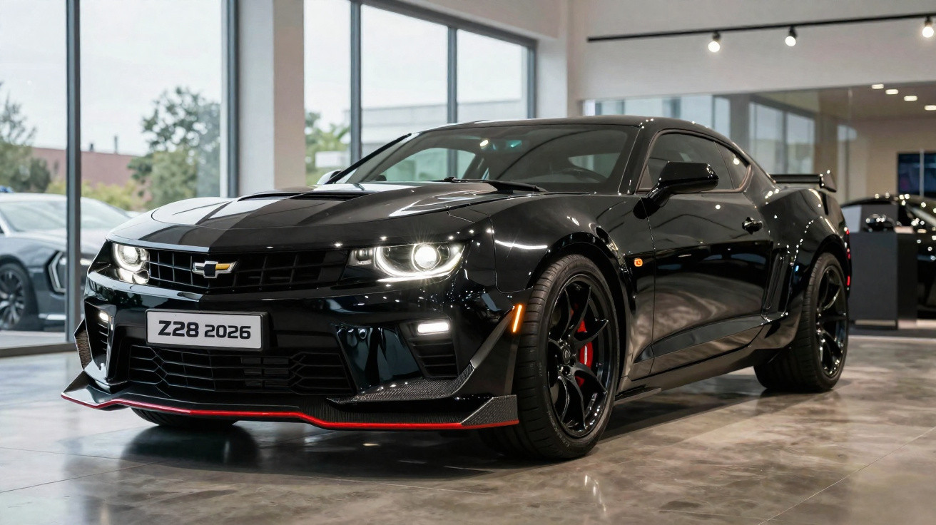 Carro esportivo Chevrolet Camaro Z28 2026 preto exibido em showroom moderno com iluminação natural.