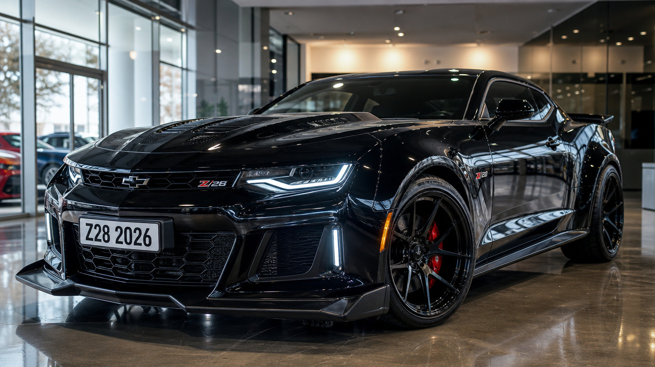Carro esportivo preto Chevrolet Camaro ZL1 Z28 2026 em exposição em showroom iluminado.
