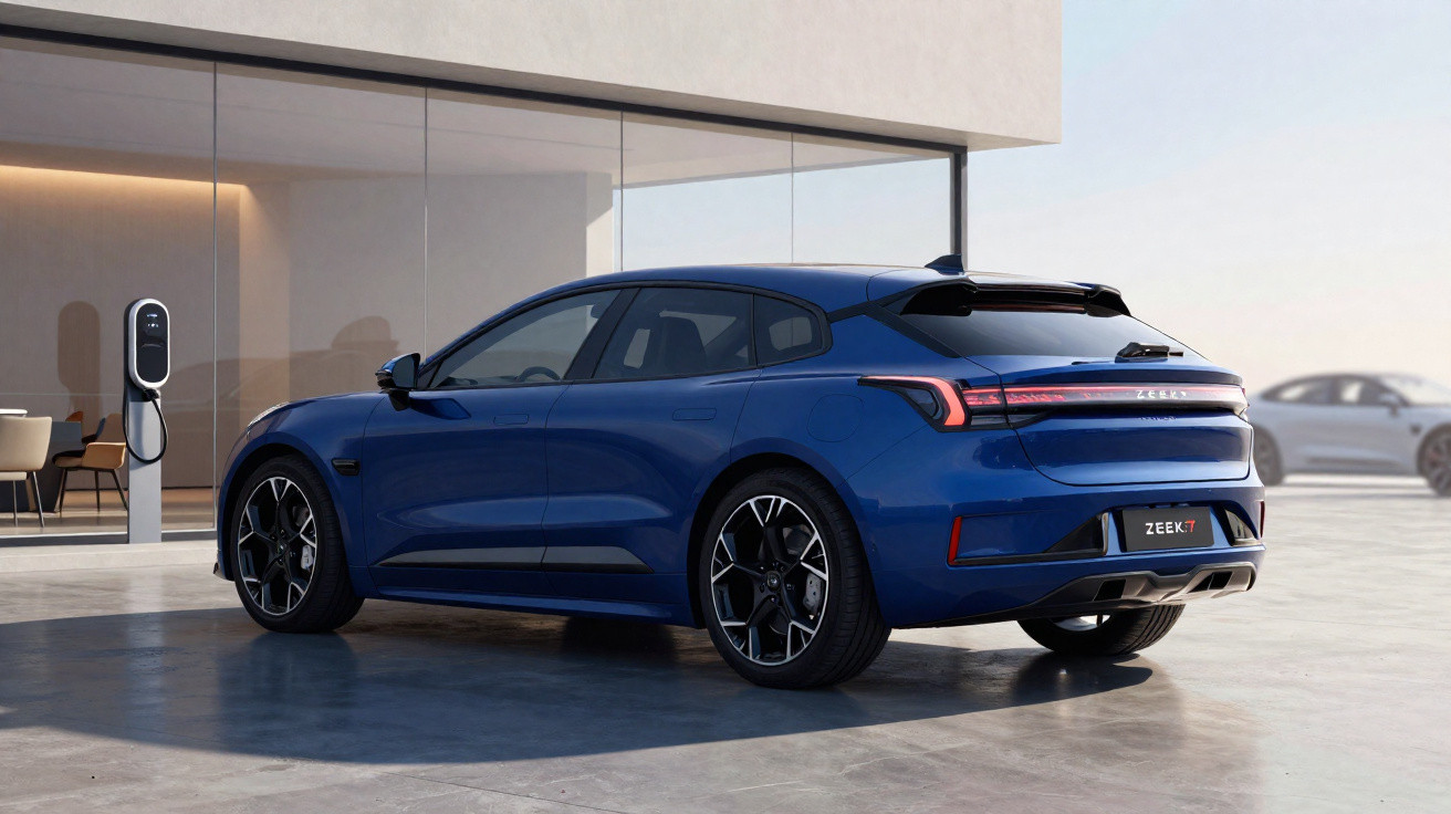 Carro elétrico azul estacionado ao lado de carregador em área externa moderna com vidro.