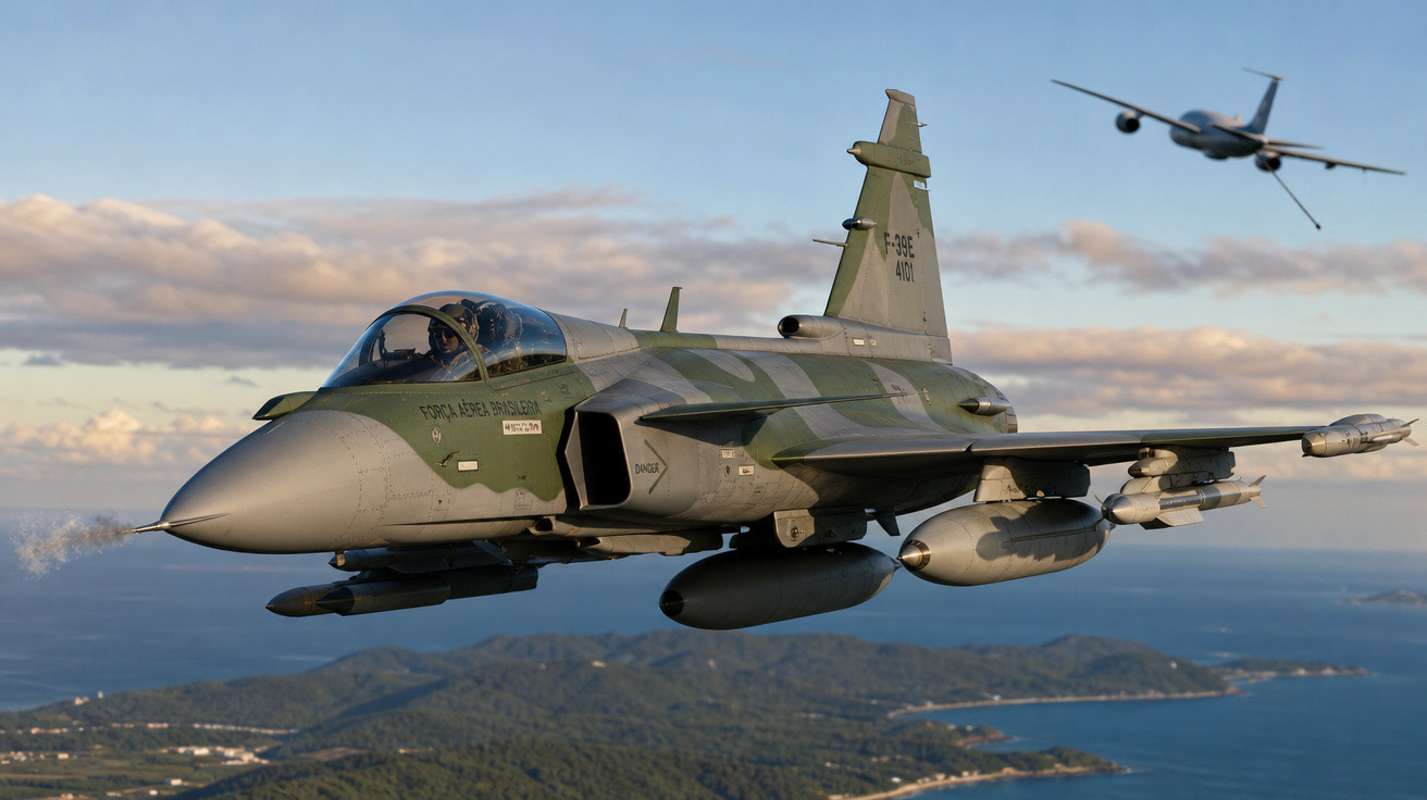 Caça militar com camuflagem verde voando sobre paisagem costeira com outro avião ao fundo.