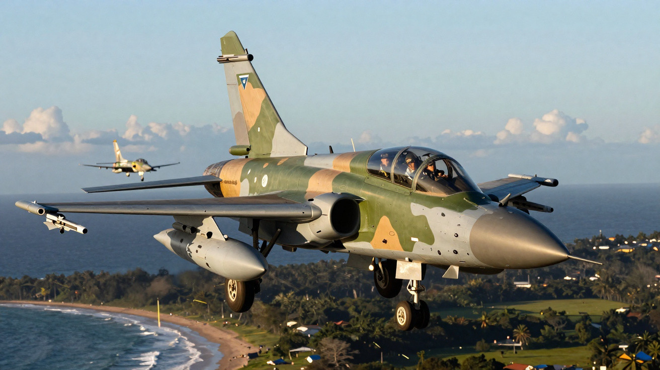 Avião militar camuflado voando sobre a costa com mar e paisagem ao fundo em dia ensolarado.