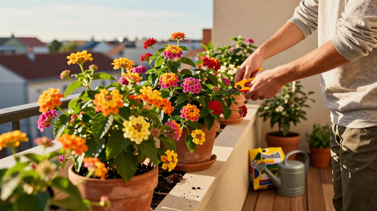 Pessoa podando plantas floridas coloridas em vasos de barro na varanda ensolarada de um apartamento.