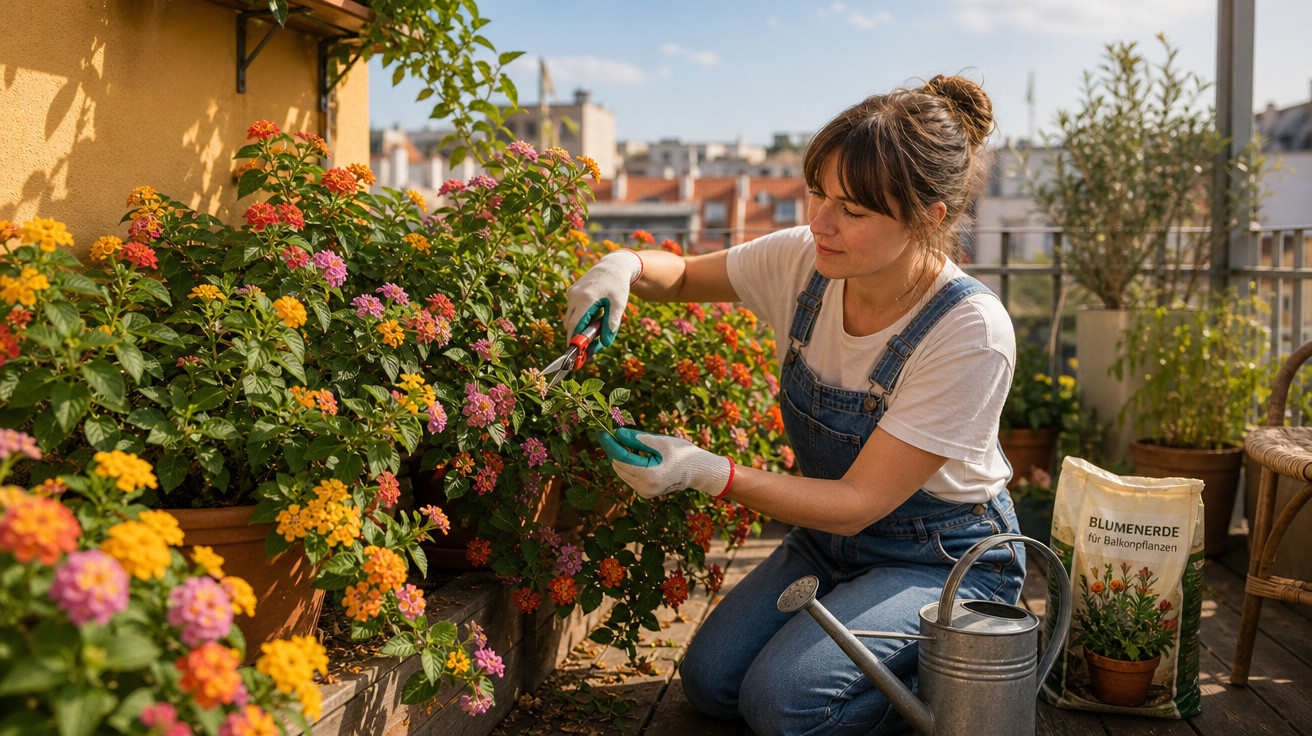 Mulher podando flores coloridas em varanda com luvas e regador ao lado em dia ensolarado.