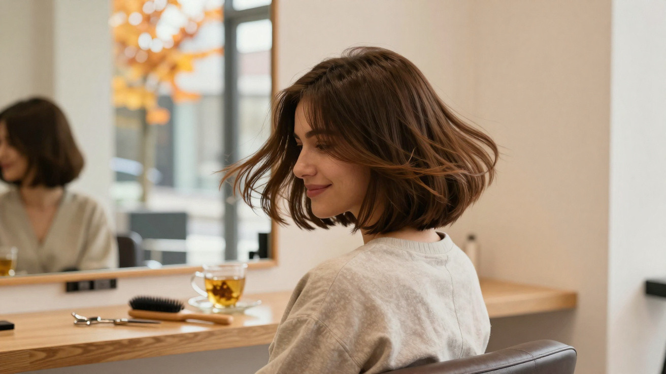 Mulher sentada de costas, cabelo curto ao vento, sorrindo em frente a uma mesa com chá e escova.
