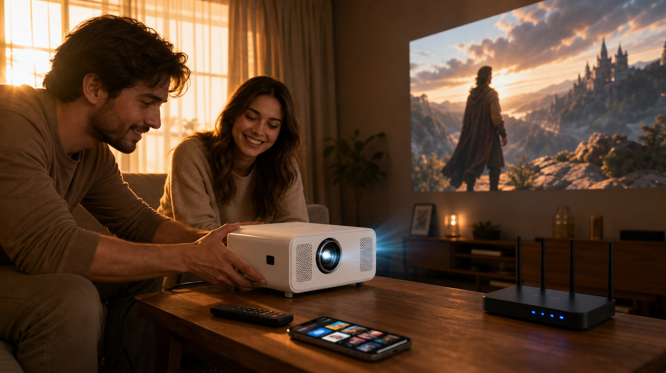 Casal ajustando projetor em sala com filme de fantasia projetado na parede ao entardecer.