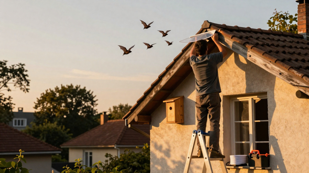 Homem de costas consertando telhado de casa ao pôr do sol, com pássaros voando ao fundo.