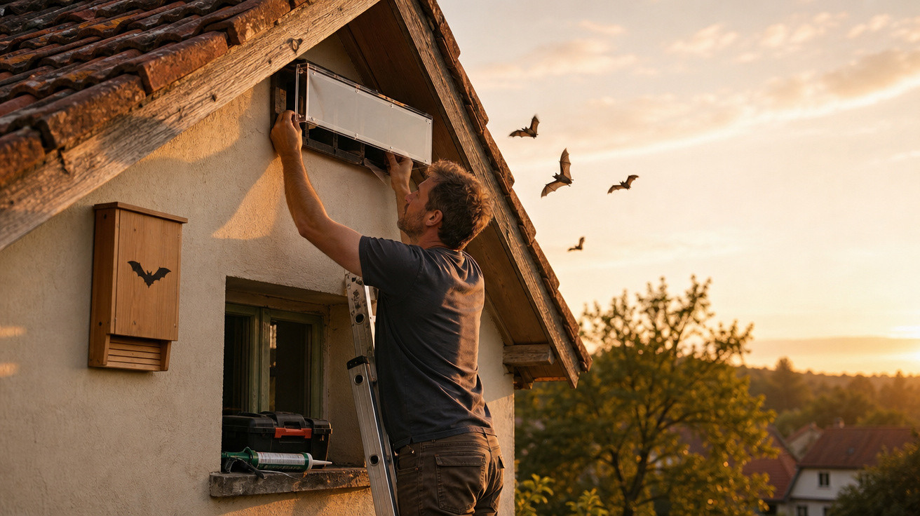 Homem instala caixa de morcegos na parede de casa ao pôr do sol com morcegos voando ao fundo.