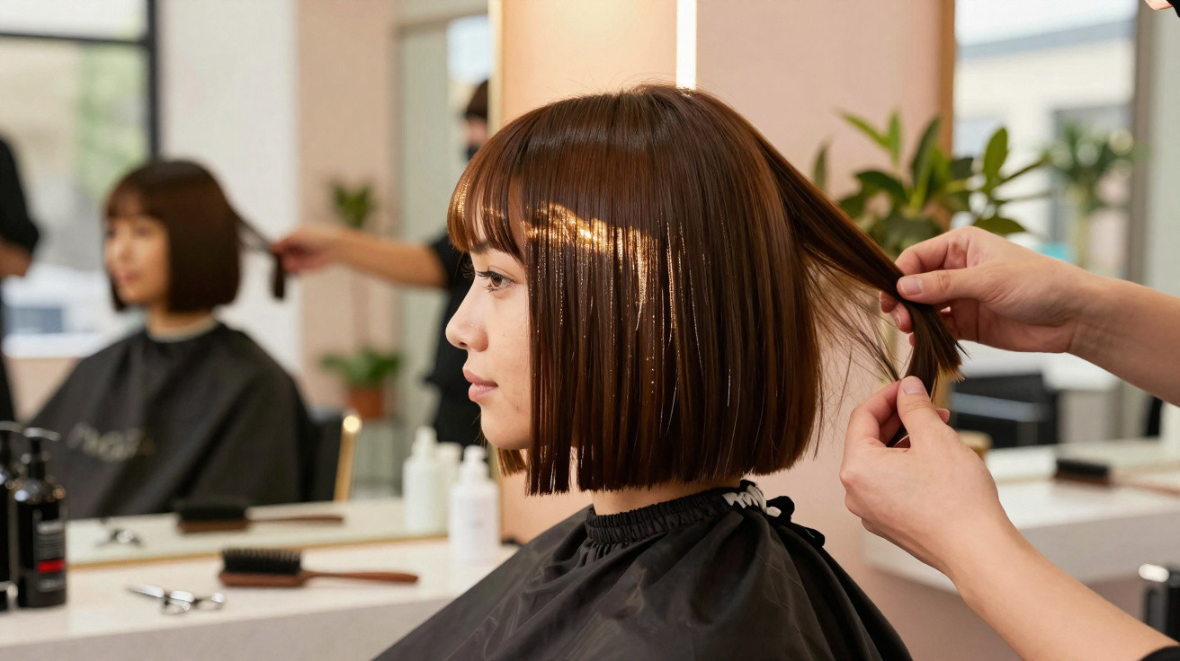 Mulher com cabelo curto sendo penteado em salão de beleza com espelho ao fundo.
