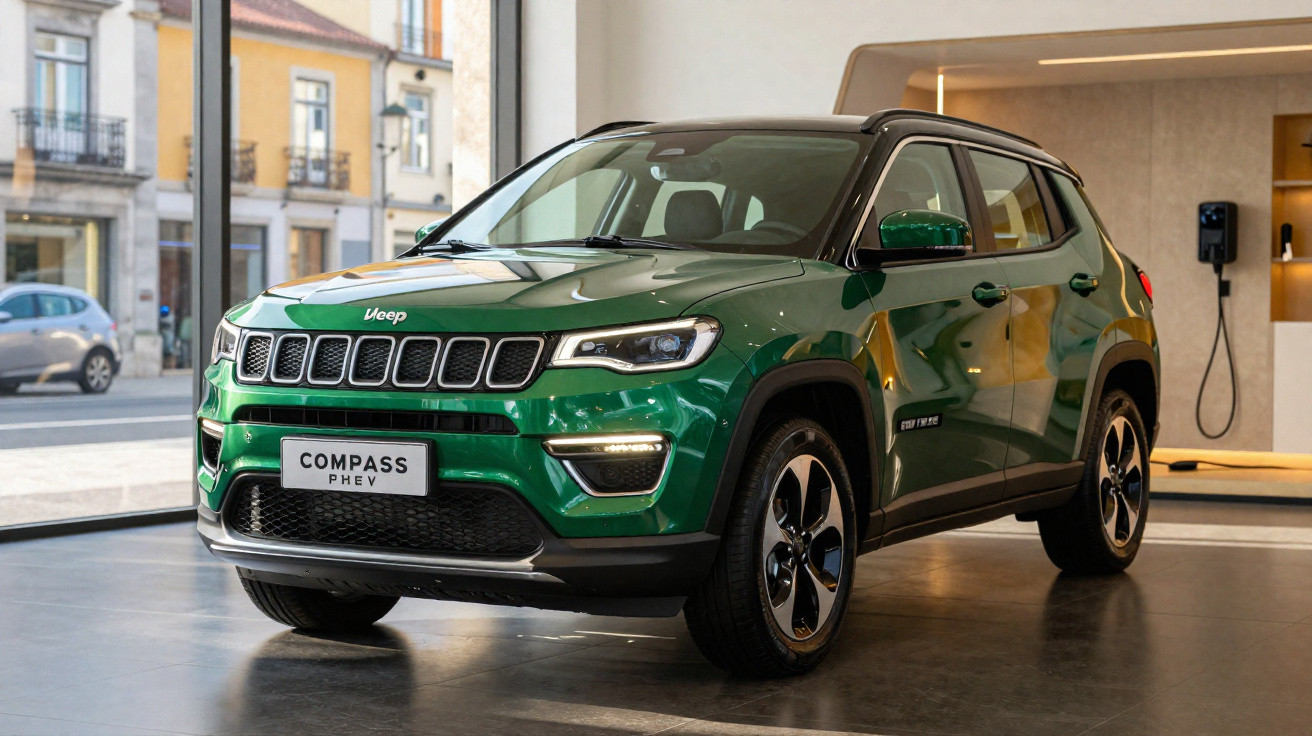 SUV Jeep Compass híbrido plug-in verde em showroom com detalhes em preto e rodas aro 18.