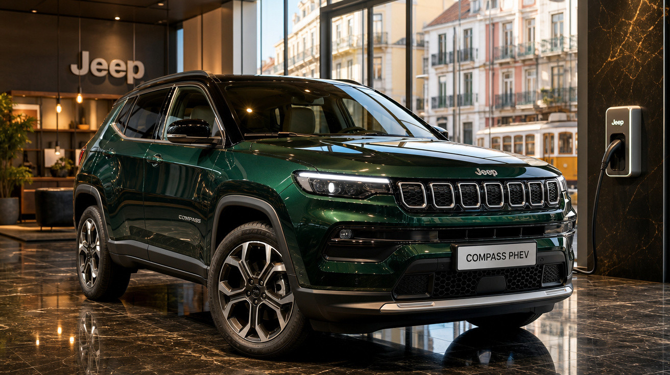 SUV Jeep Compass PHEV verde plugado em estação de recarga em showroom com piso de mármore.