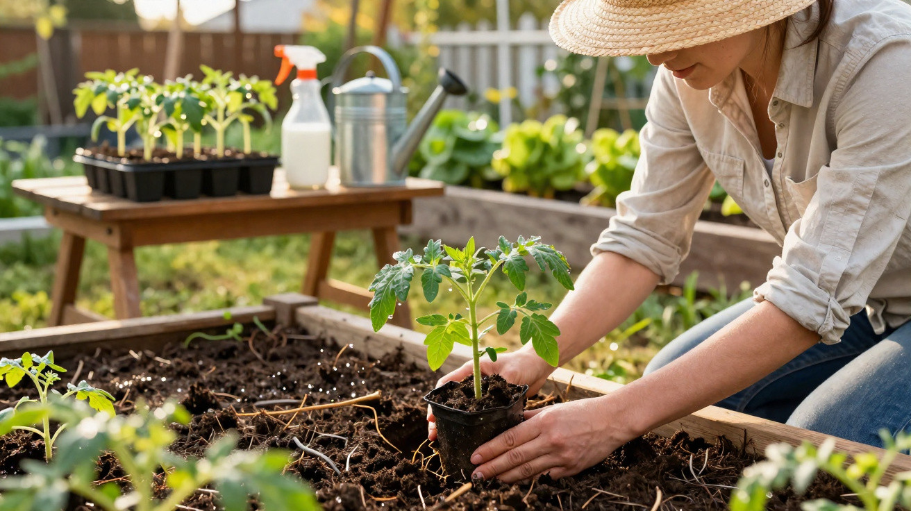 Mulher com chapéu plantando muda de tomate em canteiro de terra em jardim ensolarado.
