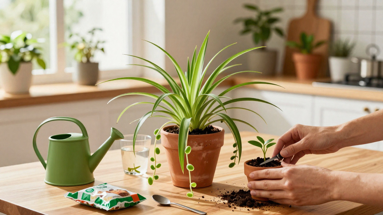 Mãos plantando muda em vaso pequeno com planta maior e regador verde em bancada de cozinha iluminada.