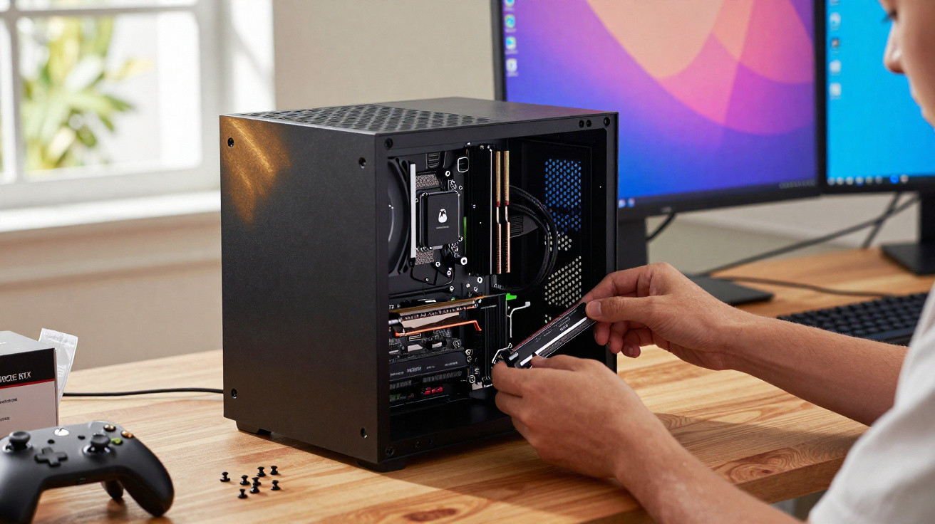 Pessoa instalando um componente interno em gabinete de computador em mesa com monitor e controle de videogame.