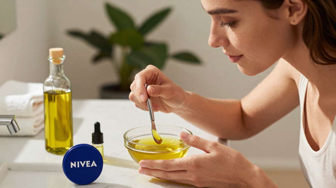 Mulher preparando mistura com óleo em pote de vidro na pia, com produtos de skincare ao lado.