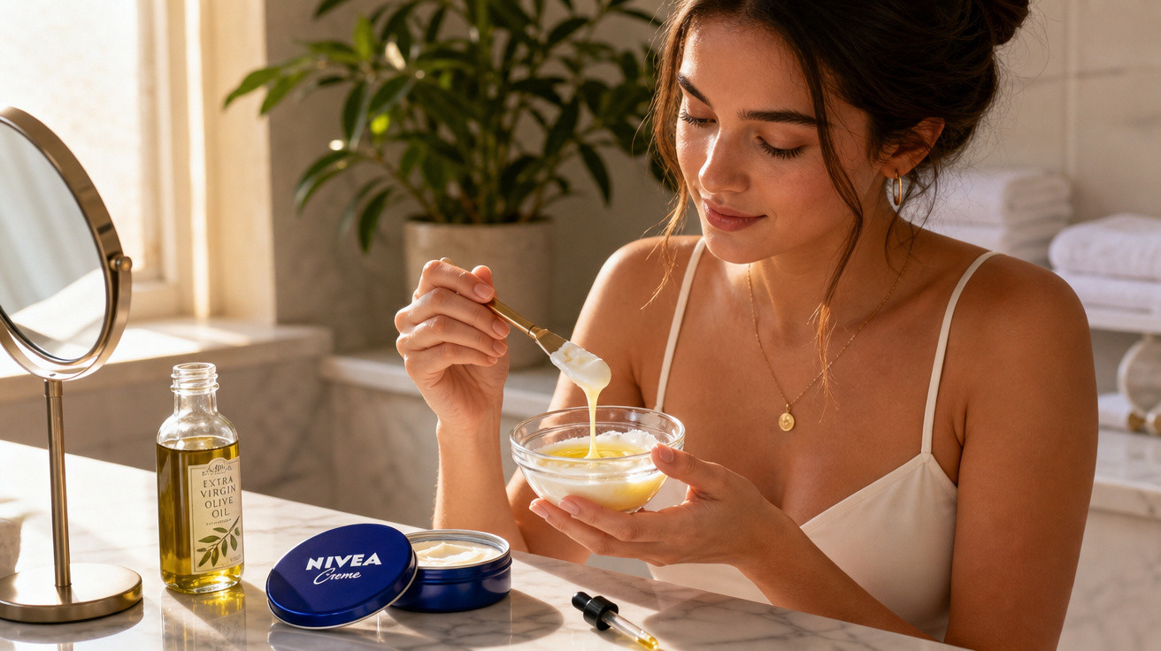 Mulher preparando máscara facial com óleo de oliva e creme Nivea no banheiro iluminado pela luz natural.