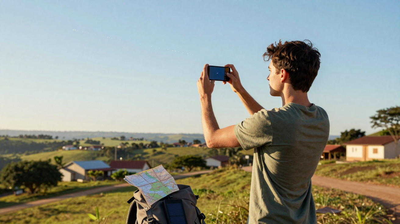 Jovem tirando foto de paisagem rural com mochila e mapa sobre arbusto à tarde.