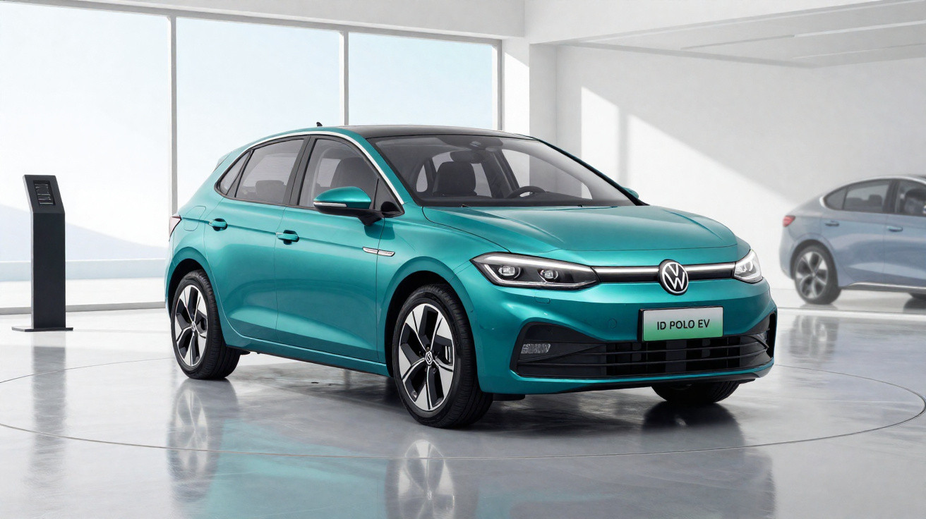 Carro elétrico Volkswagen ID Polo EV verde exposto em ambiente interno moderno e iluminado.
