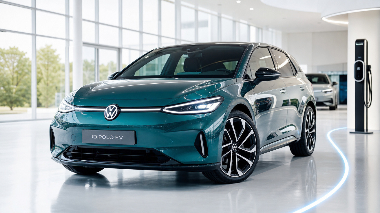 Carro elétrico Volkswagen ID Polo EV verde em showroom moderno com estação de recarga elétrica.