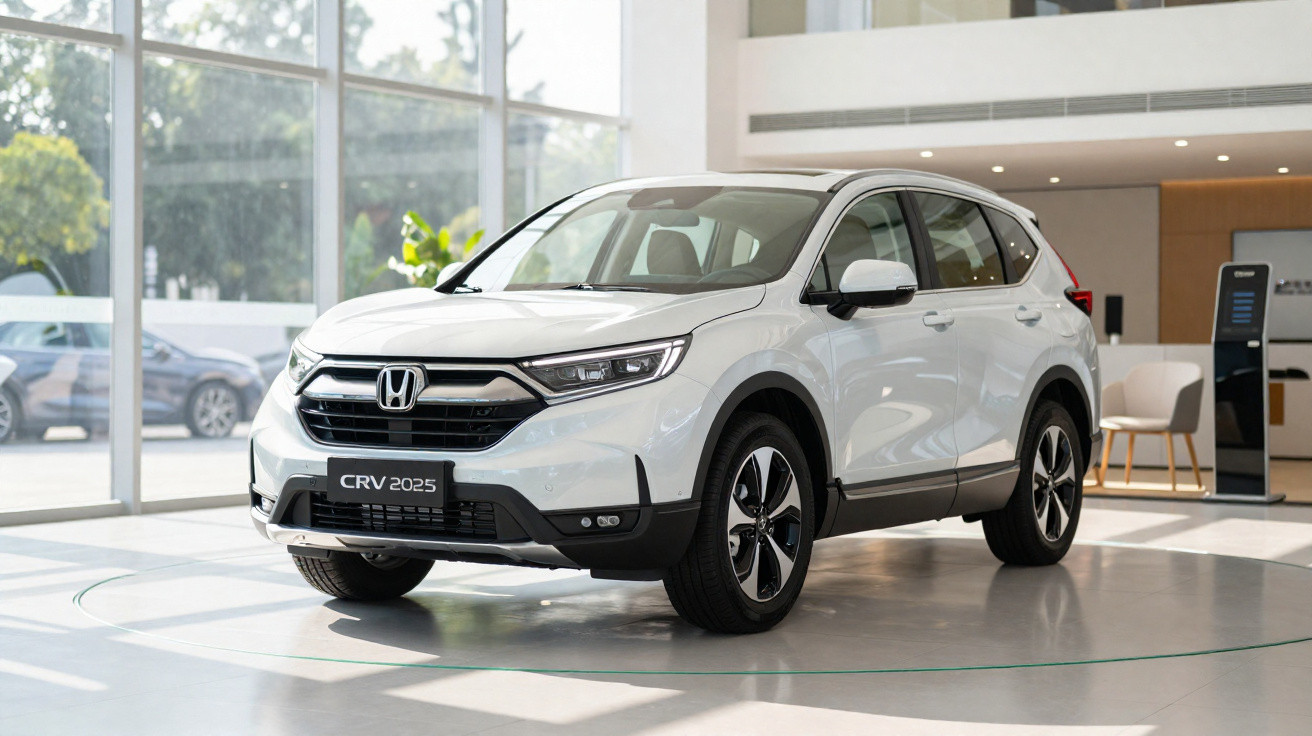 SUV branco Honda CR-V 2025 em exposição dentro de concessionária com ambiente claro e moderno.