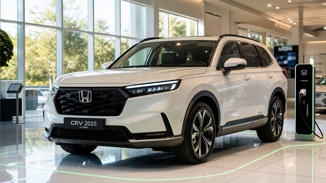 SUV Honda CR-V 2025 híbrido branco em showroom moderno com estação de recarga elétrica.