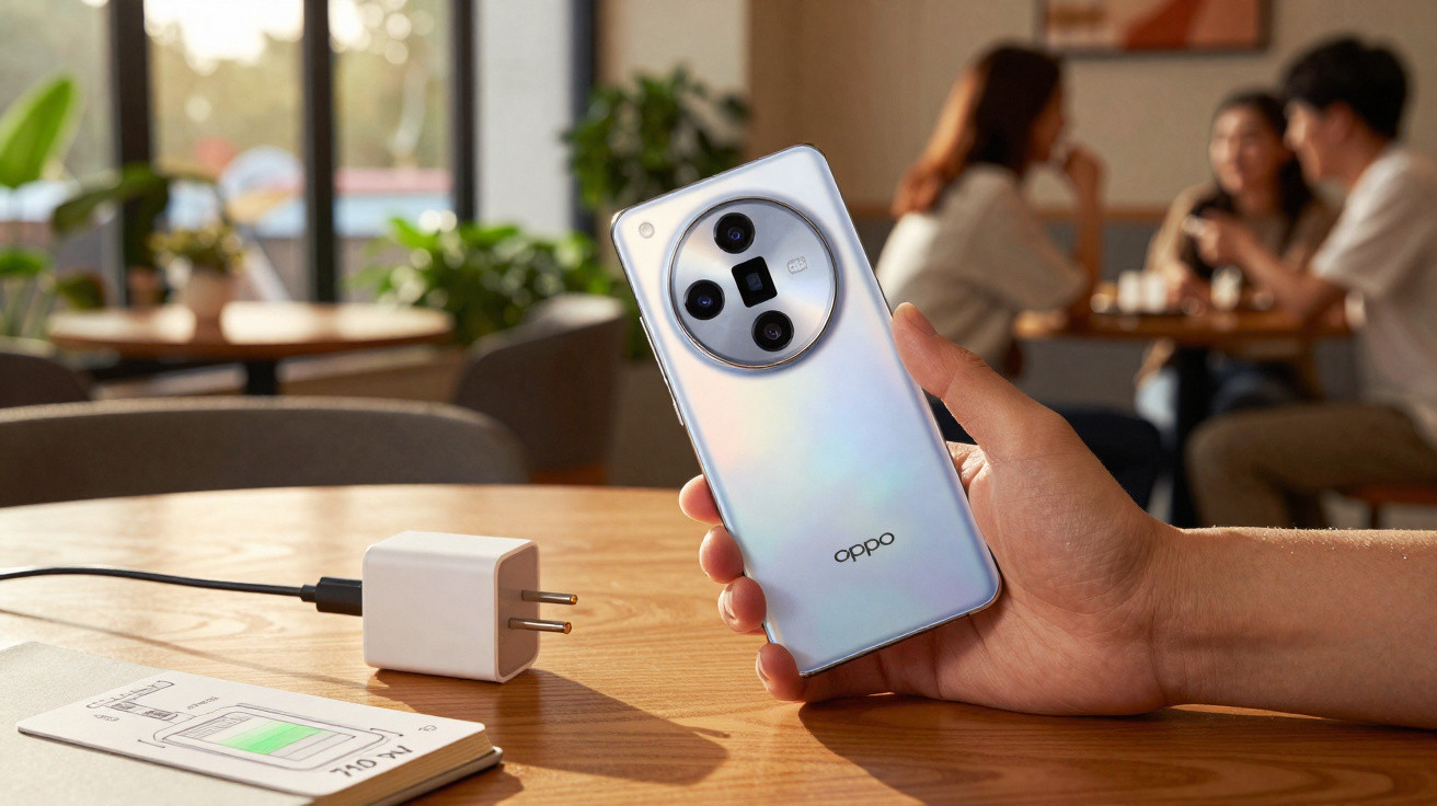Pessoa segurando smartphone branco da marca Oppo em mesa de madeira com carregador e três pessoas ao fundo em café.