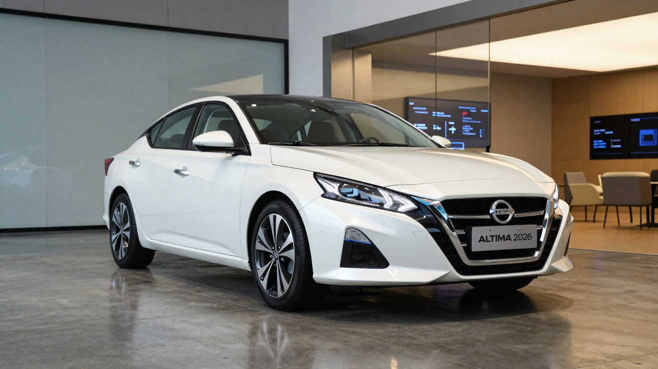 Carro sedan branco Nissan Altima 2026 estacionado em ambiente interno moderno e iluminado.
