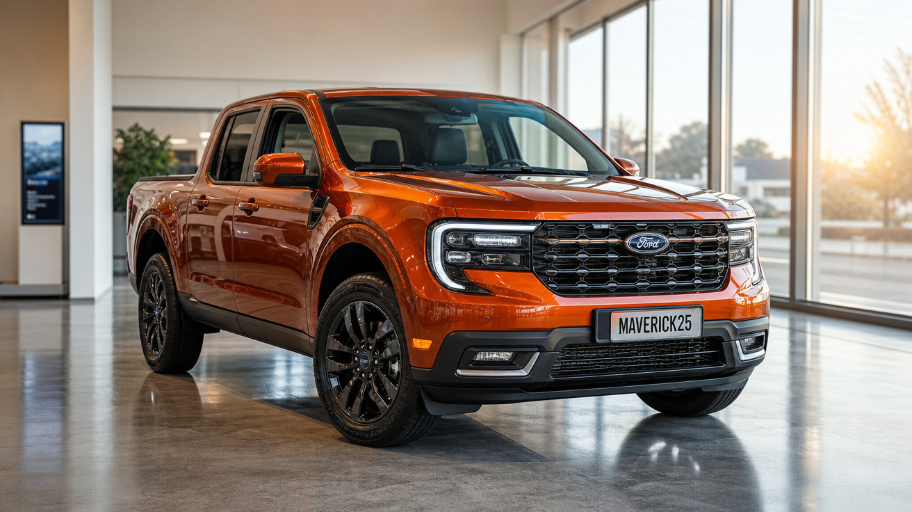 Picape Ford Maverick 2025 na cor laranja, com acabamento preto, exibida em salão iluminado.