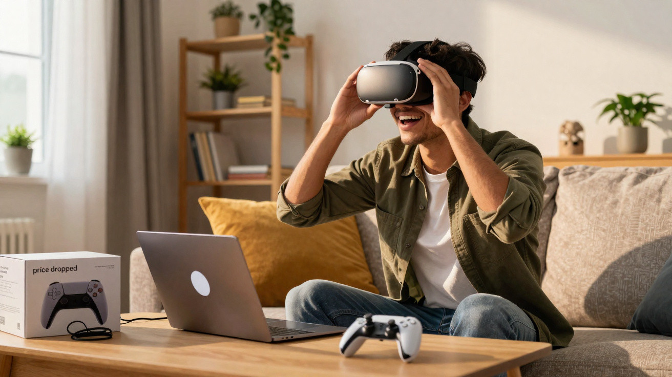 Homem sorrindo usando óculos de realidade virtual sentado no sofá com controle e notebook à frente.