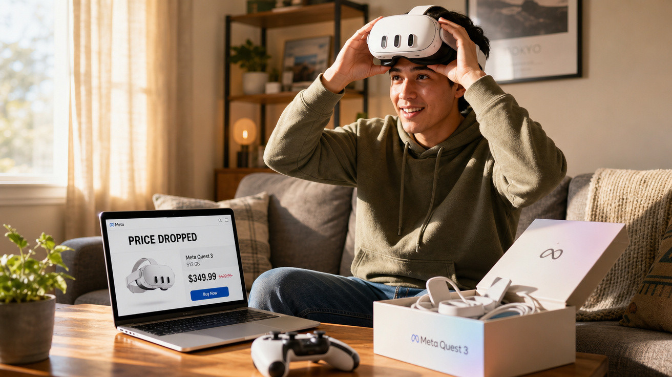 Jovem sentado no sofá experimenta óculos Meta Quest 3, com laptop mostrando oferta e caixa do produto na mesa.