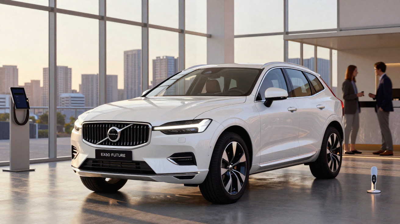 Carro elétrico branco Volvo EX60 Future em showroom moderno com vidros amplos e pessoas ao fundo.