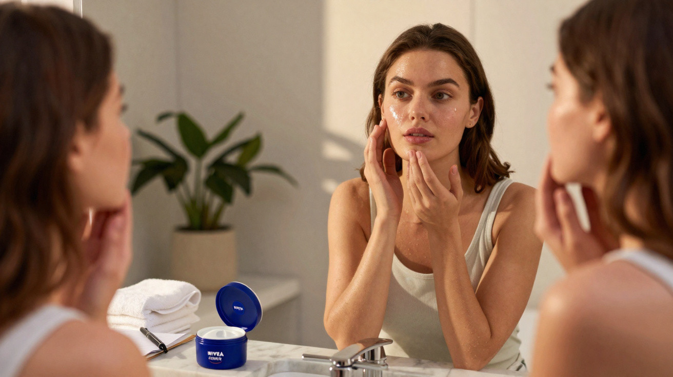Mulher aplicando creme no rosto em frente ao espelho no banheiro, com pote de Nivea na pia.