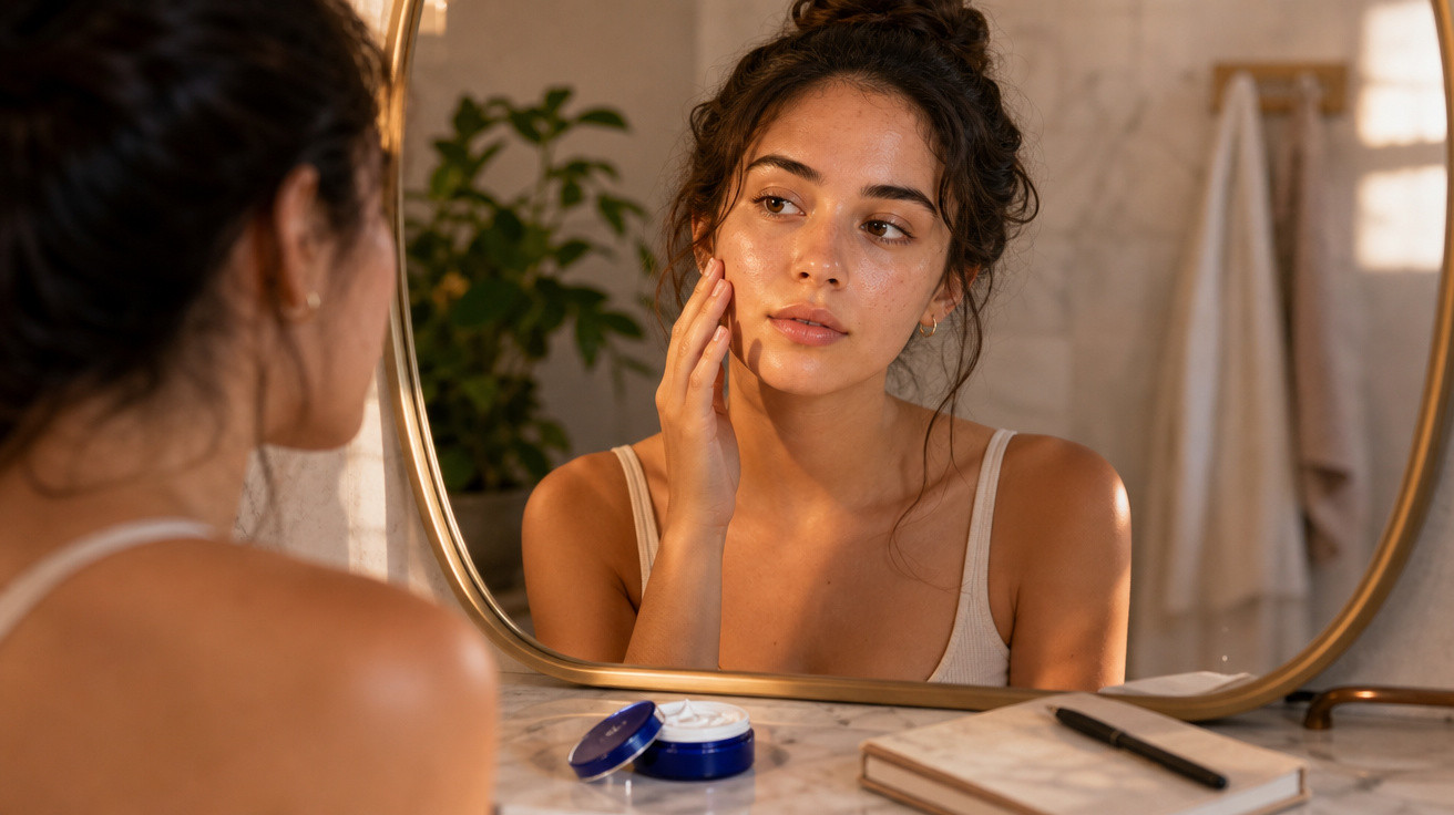 Mulher observando o rosto no espelho enquanto aplica creme facial em banheiro iluminado.