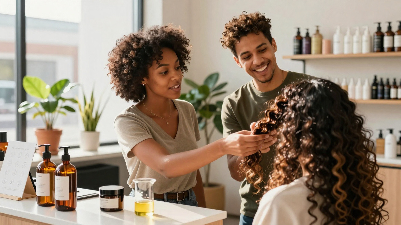 Duas pessoas analisando e tocando o cabelo cacheado de uma cliente em salão com produtos ao redor.